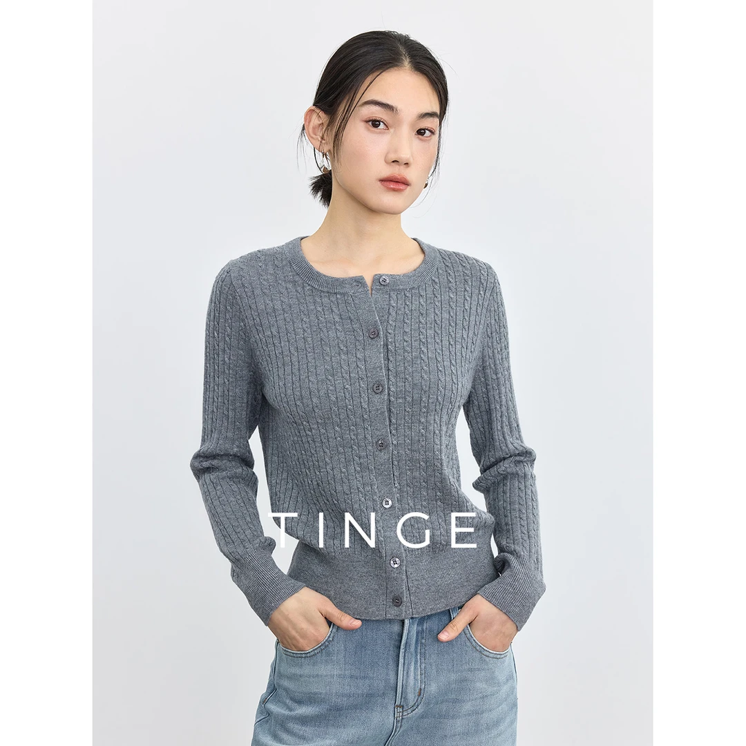 TINGE贴己复古绞花小香风圆领含羊毛衣针织衫女开春穿搭长袖上衣