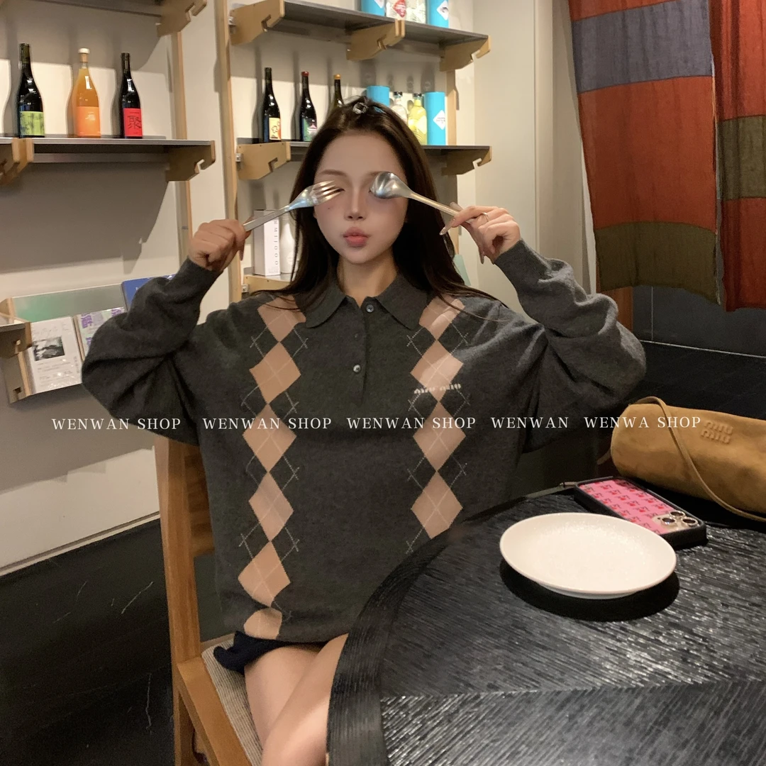 双十一狂欢价！【百利甜】菱格polo领学院风百搭毛衣