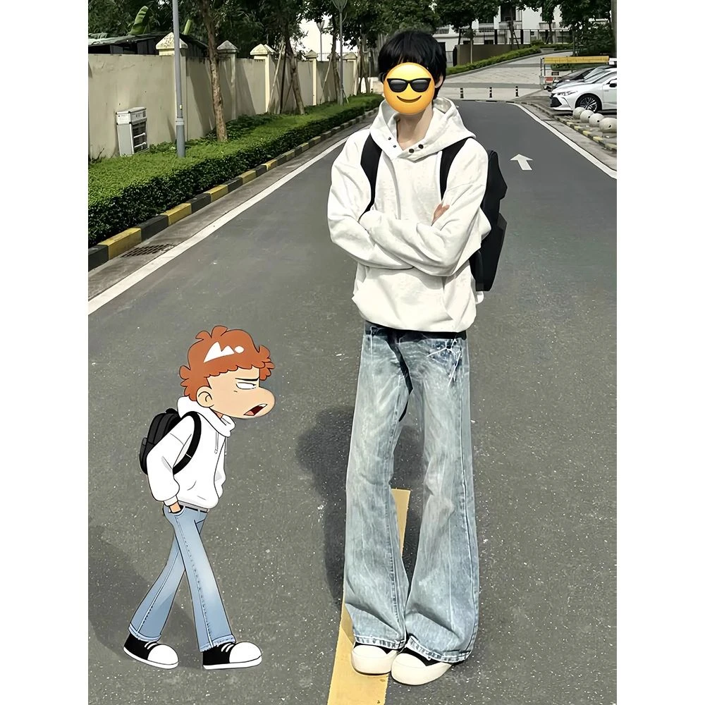 闪电裂纹弯刀牛仔裤男款秋季美式vibe裤子cleanfit直筒显瘦微喇裤