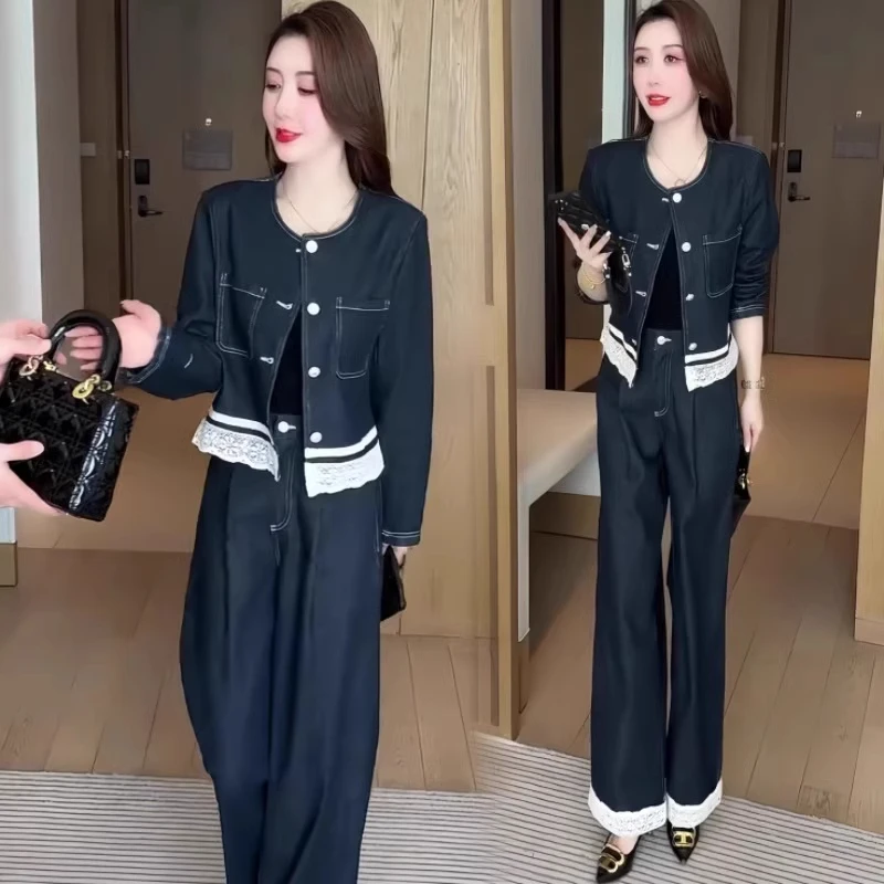 时尚牛仔套装女春秋新款洋气减龄显瘦蕾丝拼接短外套阔腿裤两件套