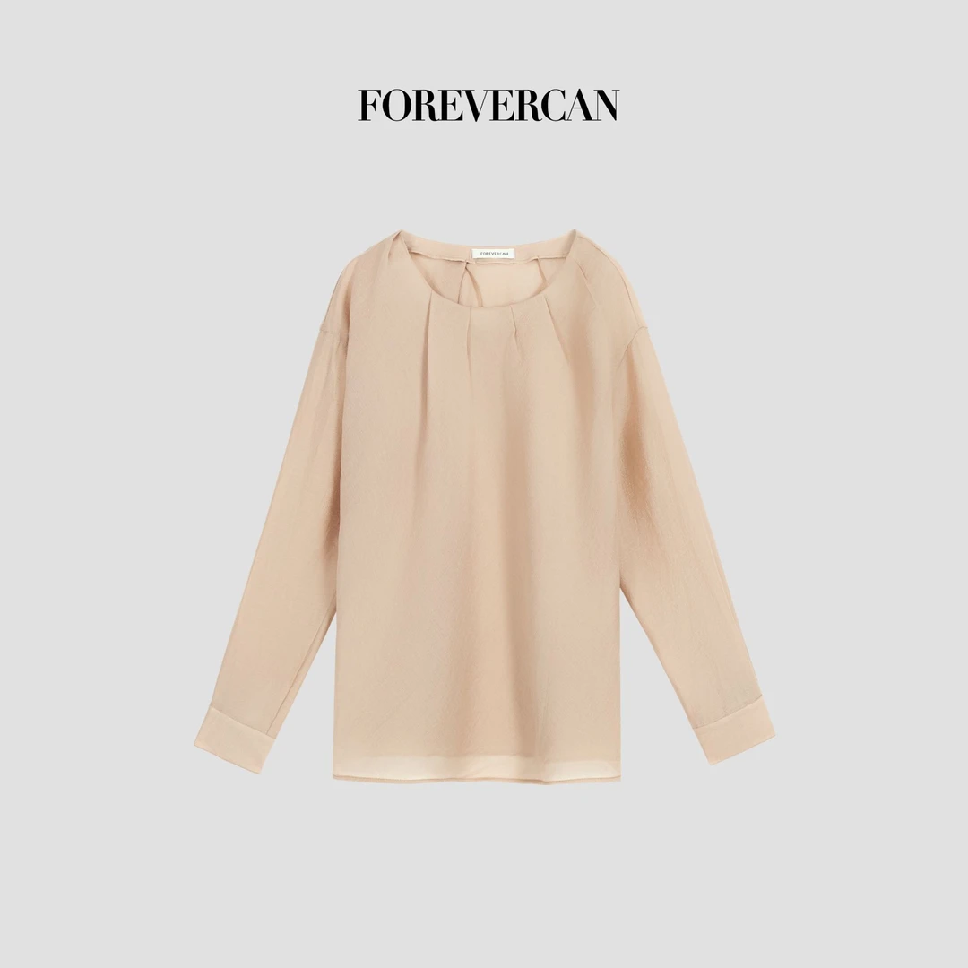 FOREVERCAN“且听风吟”法式新中式慵懒感压褶圆领宽松上衣 ST22909