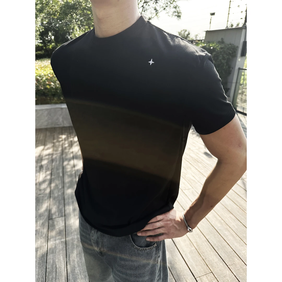LIMOU北极星刺绣正肩纳维亚健身运动凉感合身小领口短袖T恤男半袖