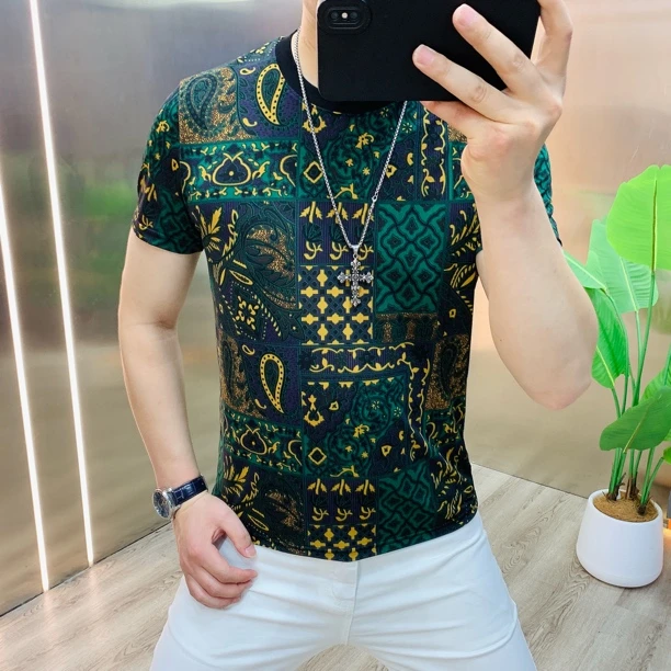 阿凯  欧洲站夏季新款男士时尚圆领冰丝镂空修身个性轻奢短袖T恤