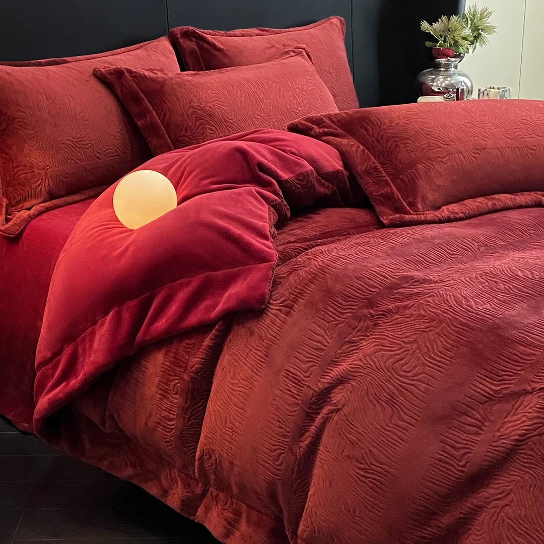 水星高端系列家纺冬季类结婚四件套牛奶绒2025新款加厚被套红色喜