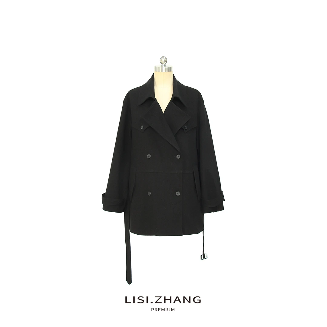 LISI.ZHANG--【毛呢外套】时尚气质纯黑典雅系带一手长毛呢外套