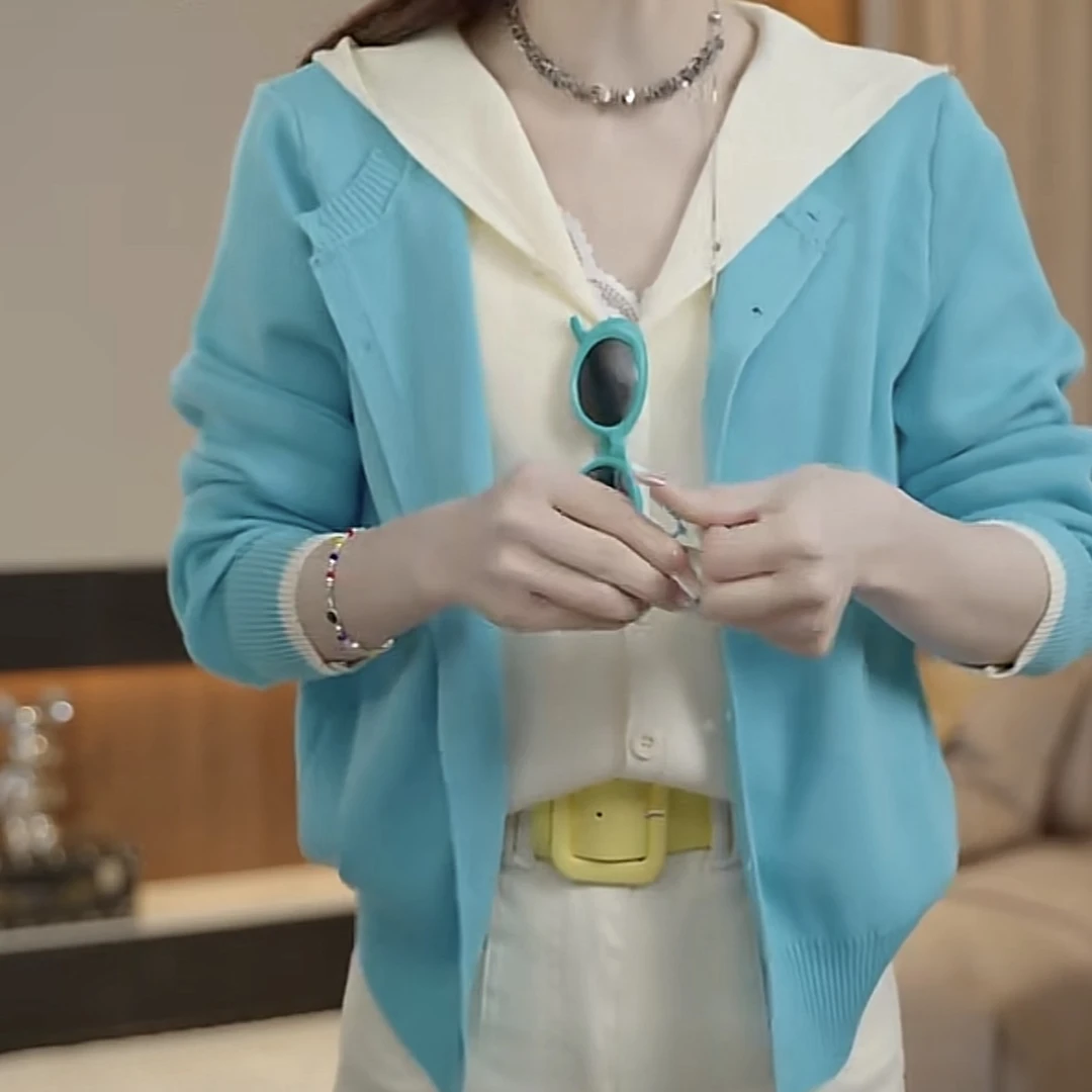 时髦撞色假两件毛衣连帽针织衫女冬季洋气休闲长袖设计感上衣外套