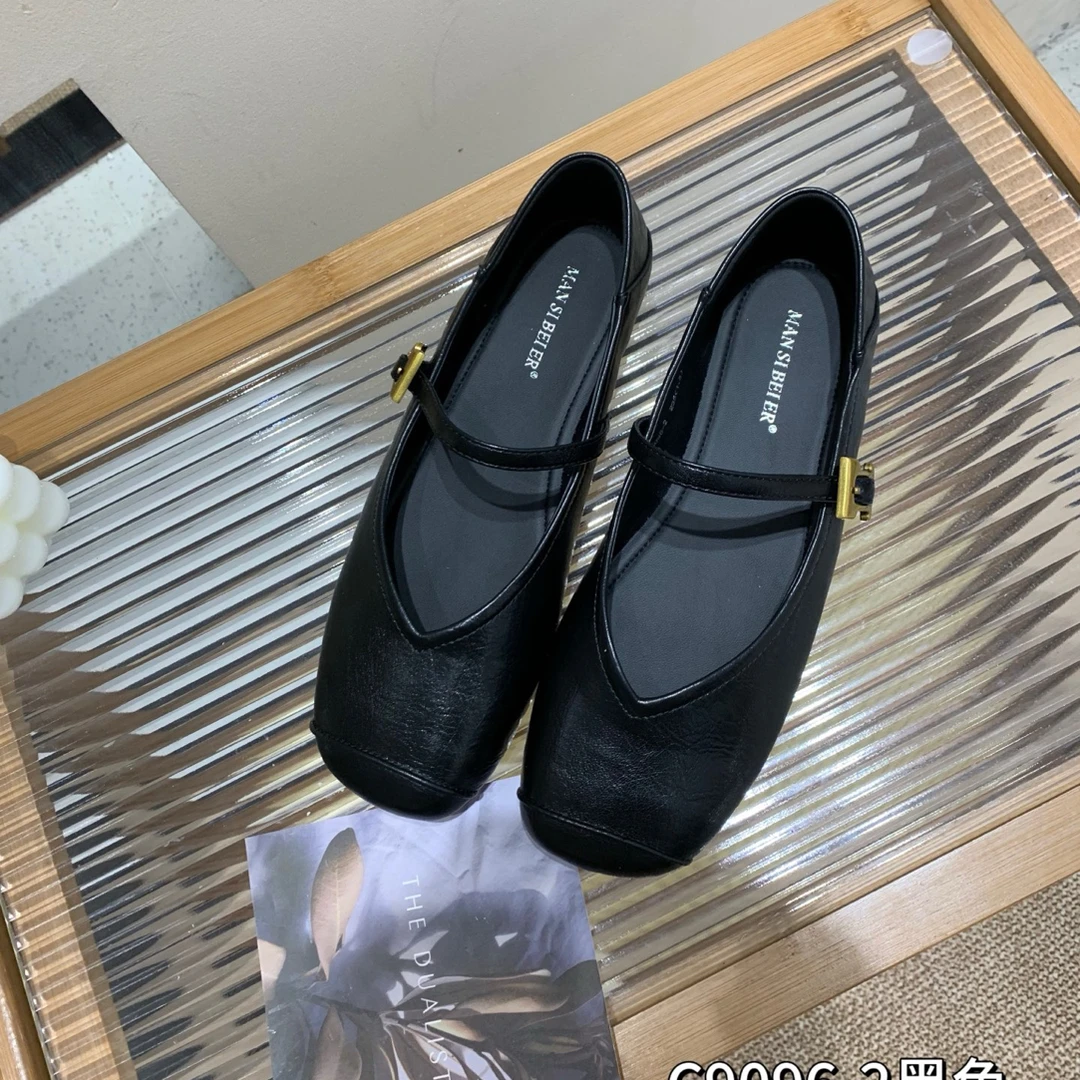 浅口薄款方头秋季一字式扣带单鞋乐福鞋皮鞋复古