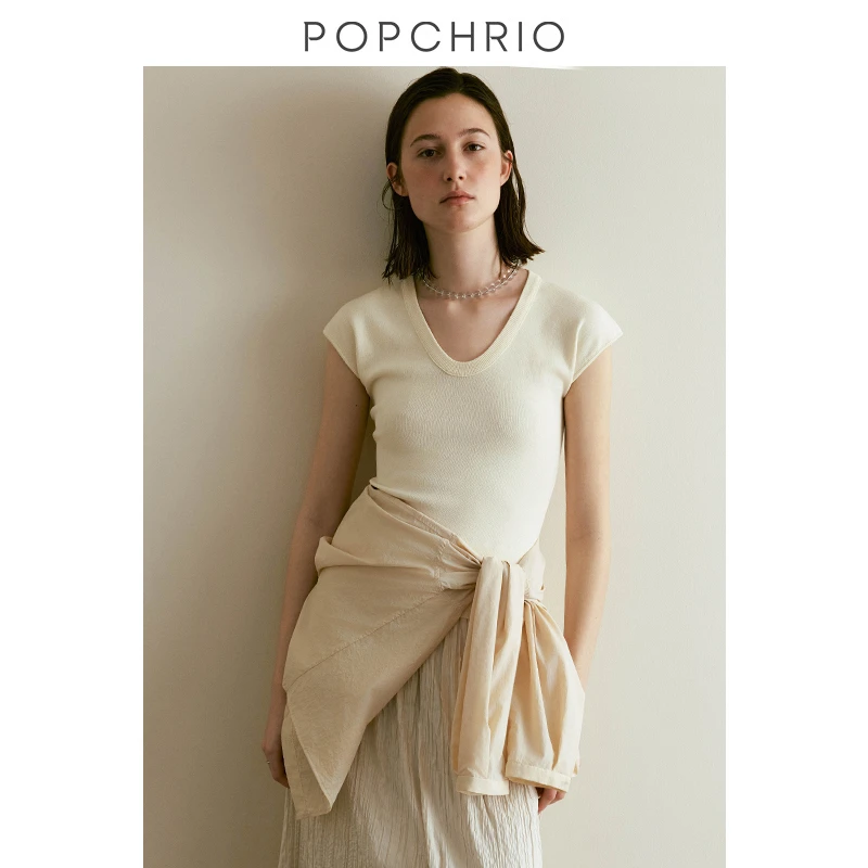 POPCHRIO欧可芮冰感及细纤维小飞短袖T恤UV领针织衫修身百搭女