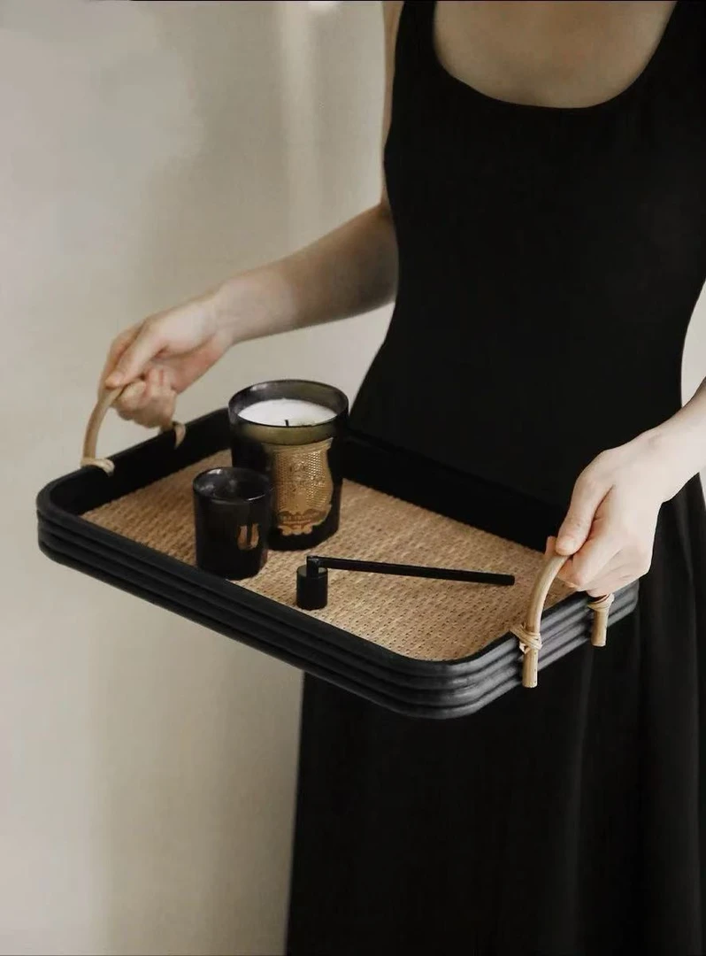 中式复古木制藤编托盘摆件中古高级感民宿茶室长方形茶盘餐盘