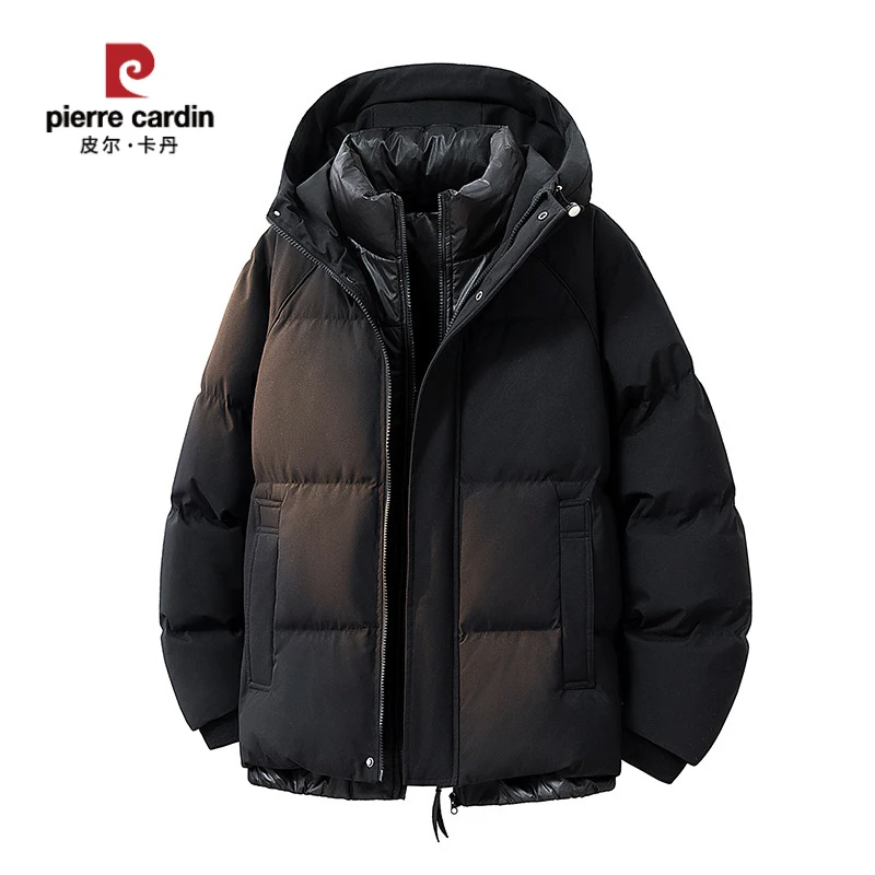 皮尔卡丹新款纯色男士棉衣休闲冬季保暖连帽冬装潮牌情侣加厚棉服