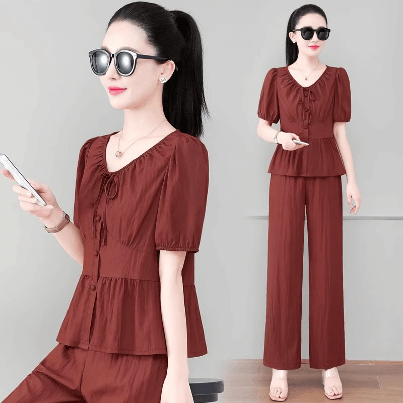 时尚复古气质宽松爆款套装女士2025夏季新款洋气显瘦阔腿裤两件套