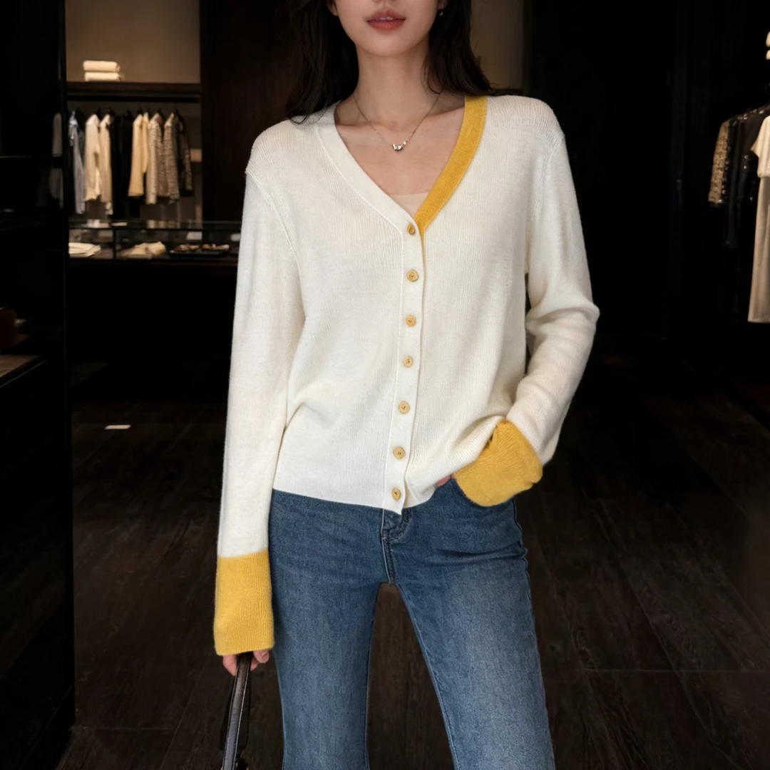 100%羊毛~勿机洗~胸96-160长60宽松拼色长袖毛针织衫 1743