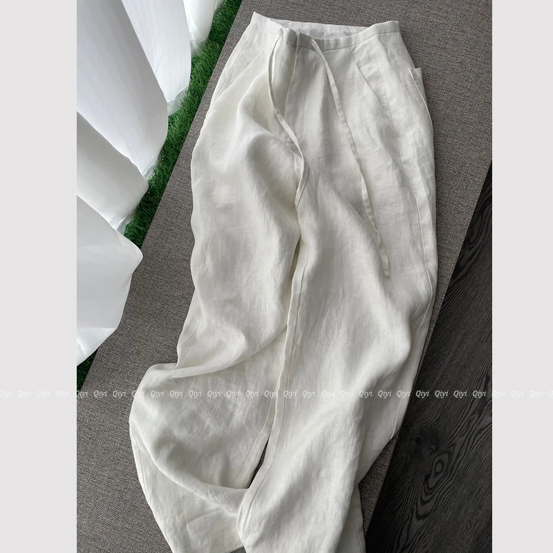 【100亚麻】设计师款夏季亚麻直筒裤女 高腰拖地窄版白麻裤