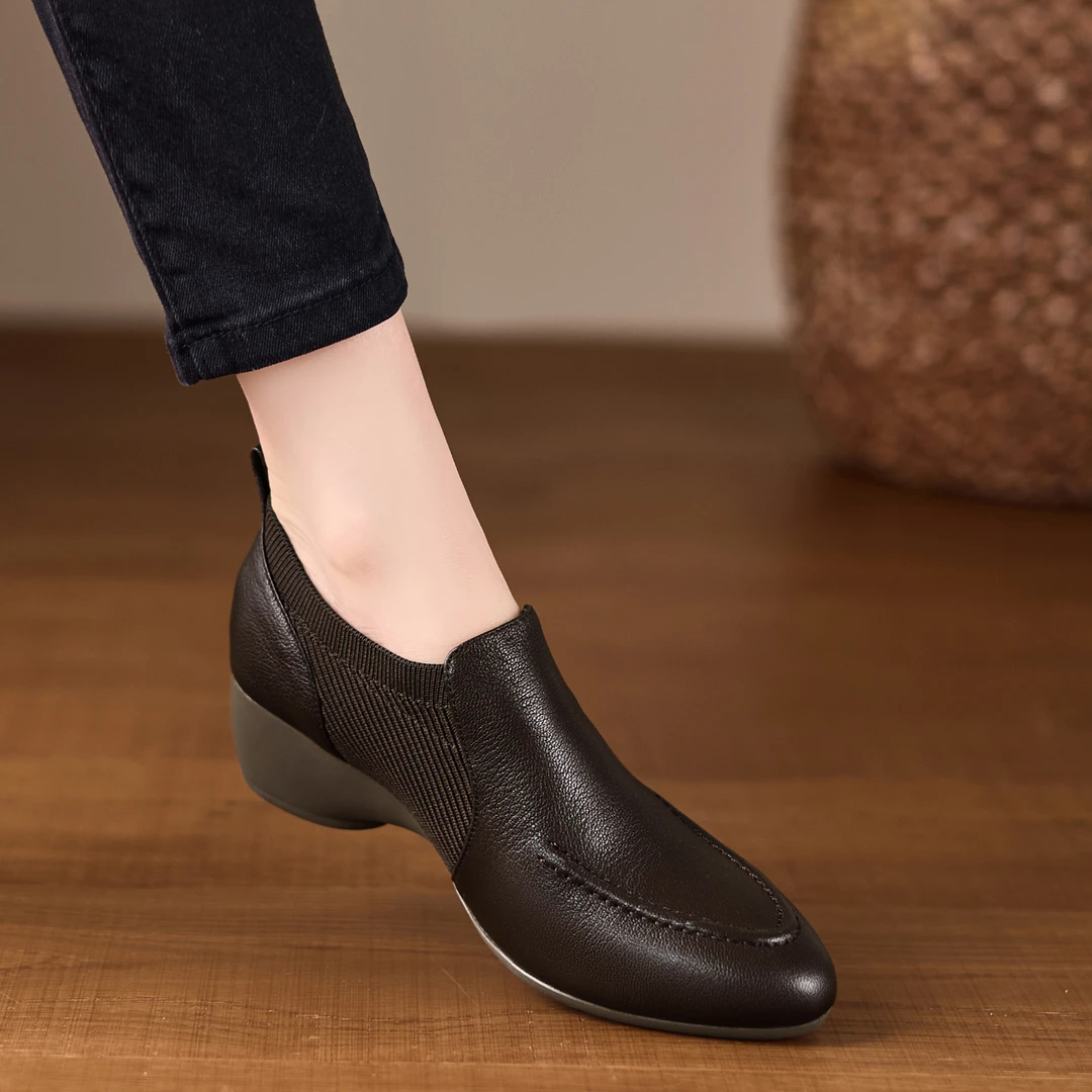 不累脚手工女鞋4.5cm~深口圆头粗跟中跟单鞋新中式复古黑色小皮鞋