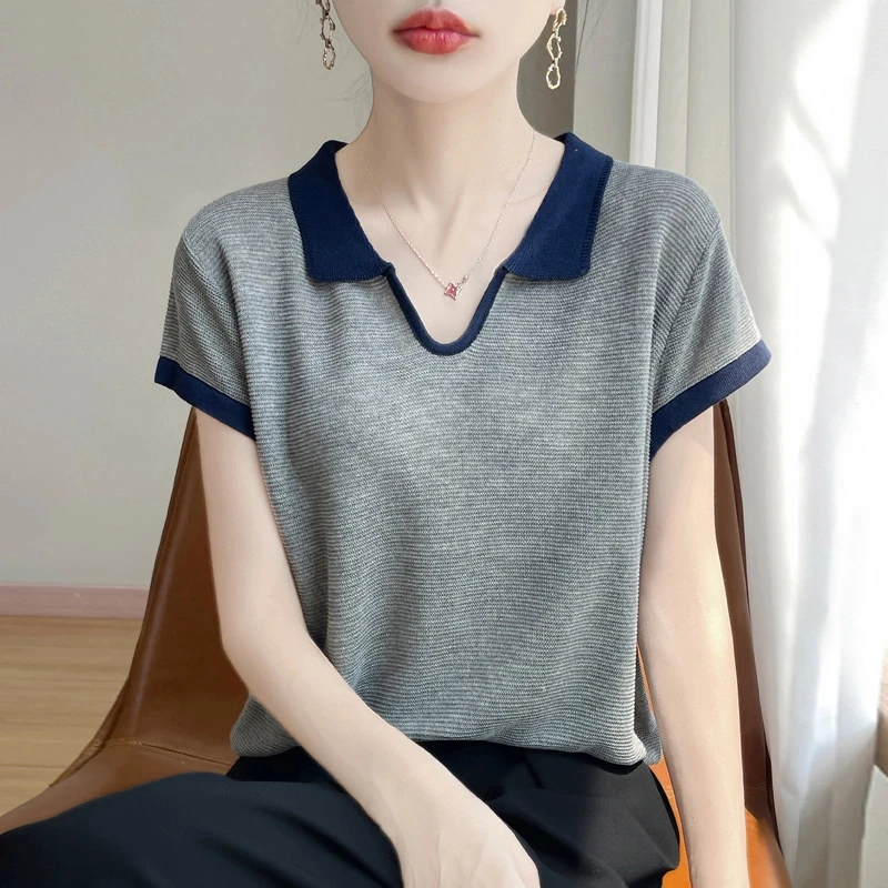 天丝苎麻POLO领拼色减龄时尚翻领T恤百搭独特慵懒风上衣