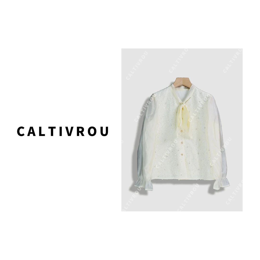 Caltivrou法式甜美拼接绑带衬衫上衣-Y14919