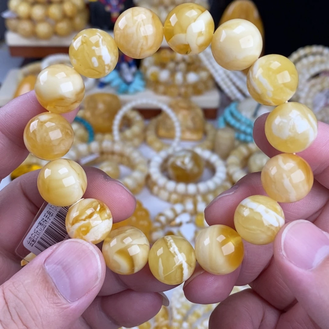 蜜蜡未镶嵌手链金瓷白妖花15mm圆珠