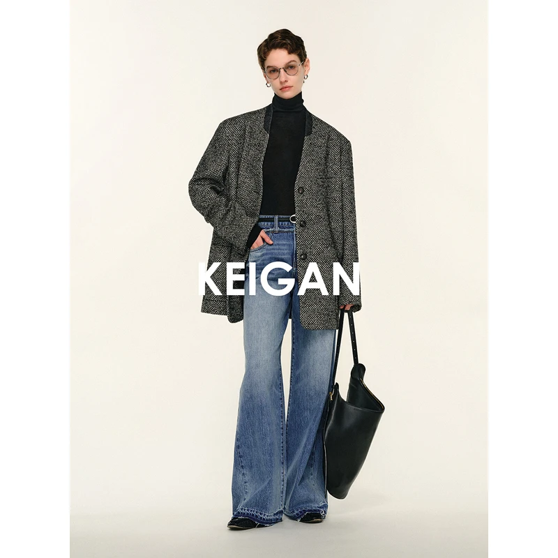 开间黑标/意大利进口解构腰头毛须分割拉链纹毛边脚口直筒牛仔裤