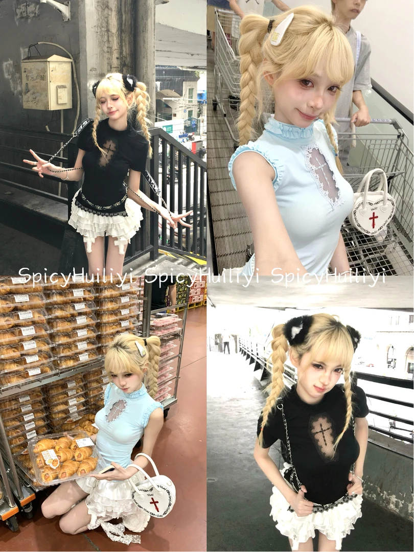 绘梨衣【薄荷曼波】纯欲辣妹设计款镂空上衣十字架蛋糕裙裤套装