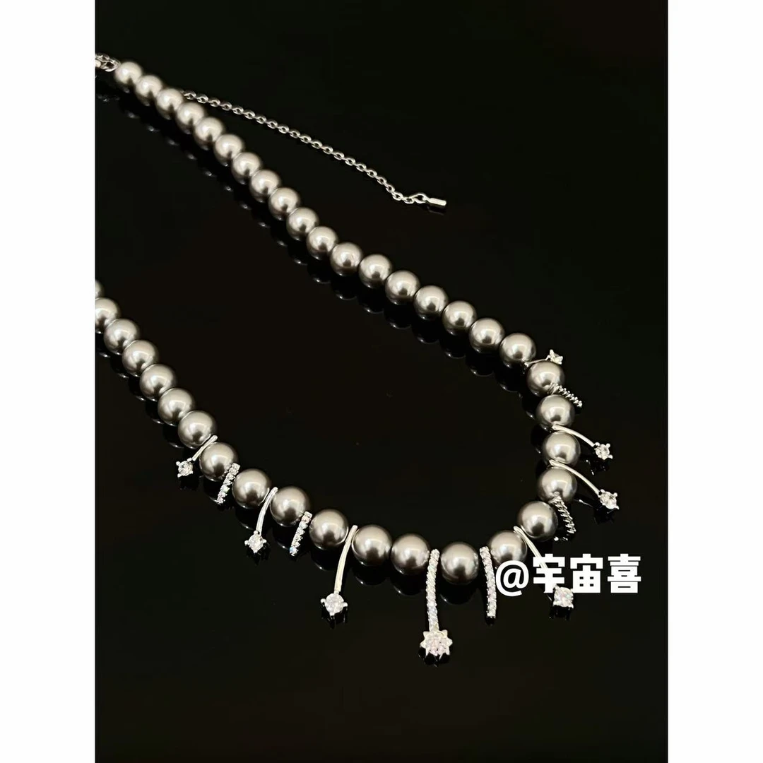 铜合金仿珍珠项链 J4-057【灰色贝珠串珠满天星线条抽拉项链】