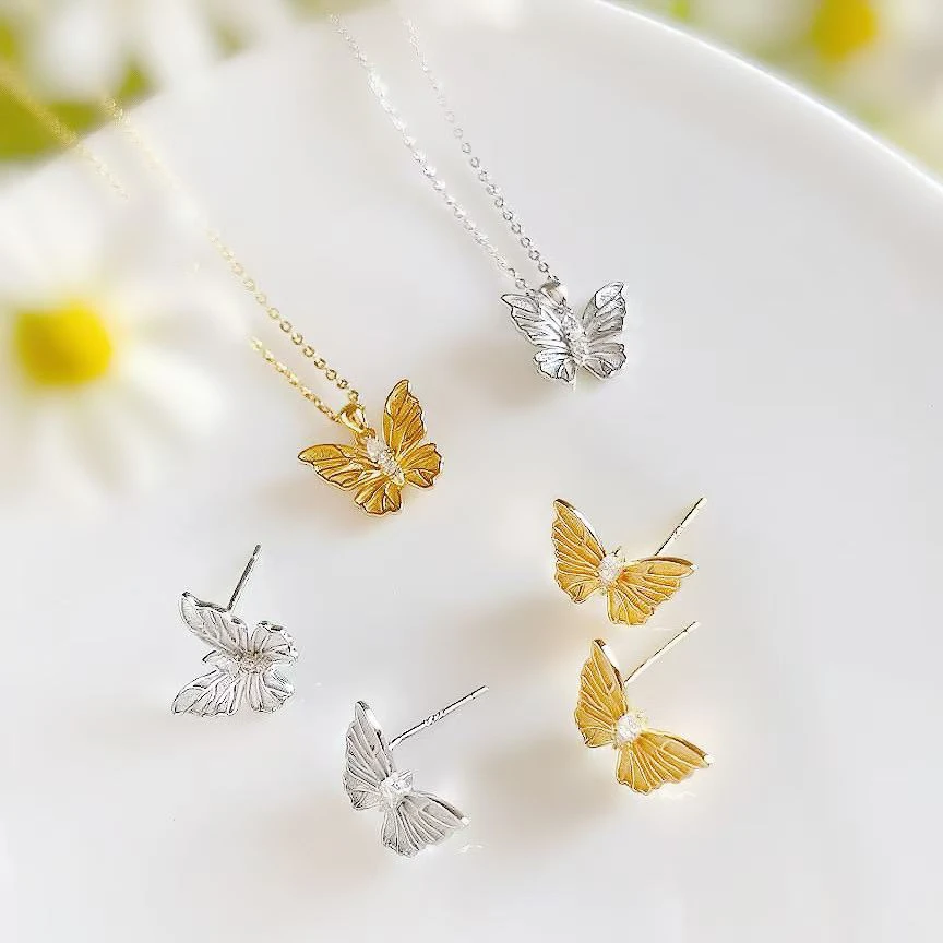 坠链均925银 d235 d245古丽古丽【蝴蝶套装银项链】项链耳钉00750