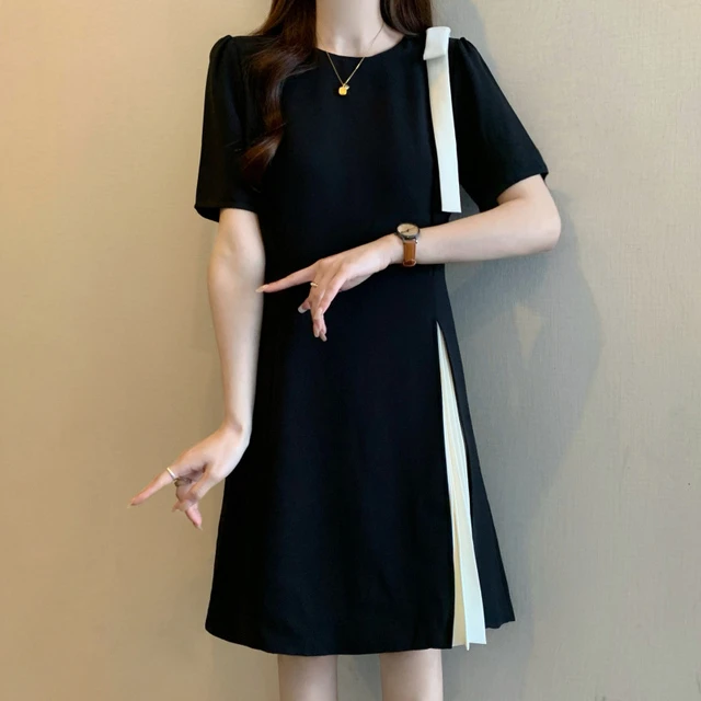 大码高级感撞色拼接百褶连衣裙女夏季新款胖mm显瘦气质A字中长裙