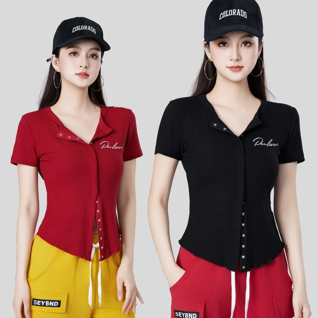 短袖新品2025年春夏季广场舞曳步舞修身两穿暗扣打底衫单件外上衣