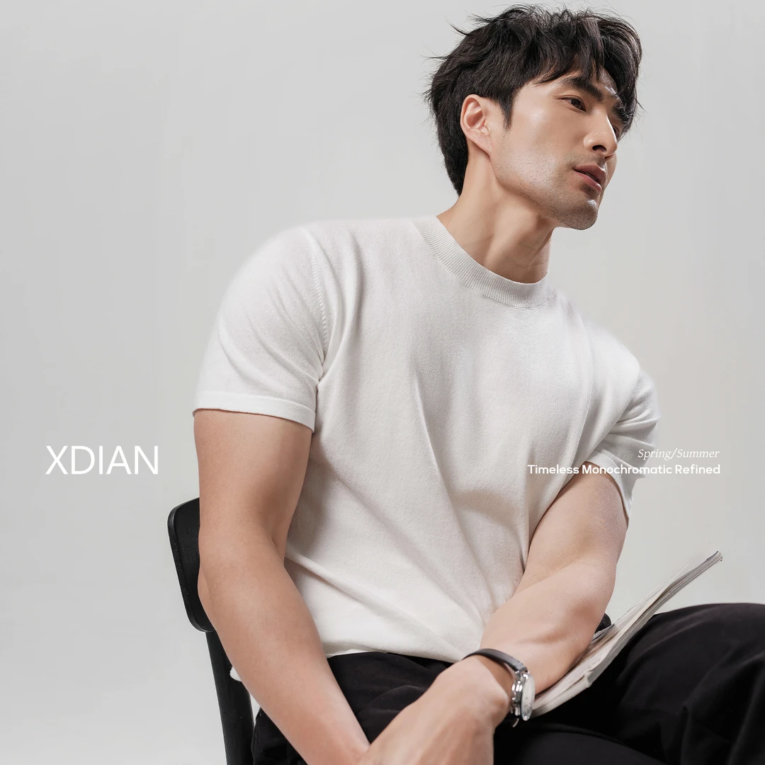 XDIAN/续点短袖纯棉针织短袖小领口百搭圆领简约重磅短袖T恤夏季