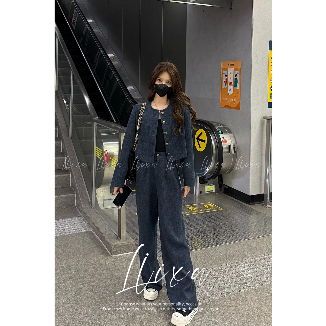 Liixu高级气质休闲圆领高腰阔腿裤牛仔风格小香套装女L51TZ032