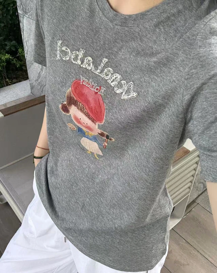 Sevbasks 七七家韩版  高级灰设计感油画涂鸦小女孩夏日休闲半袖