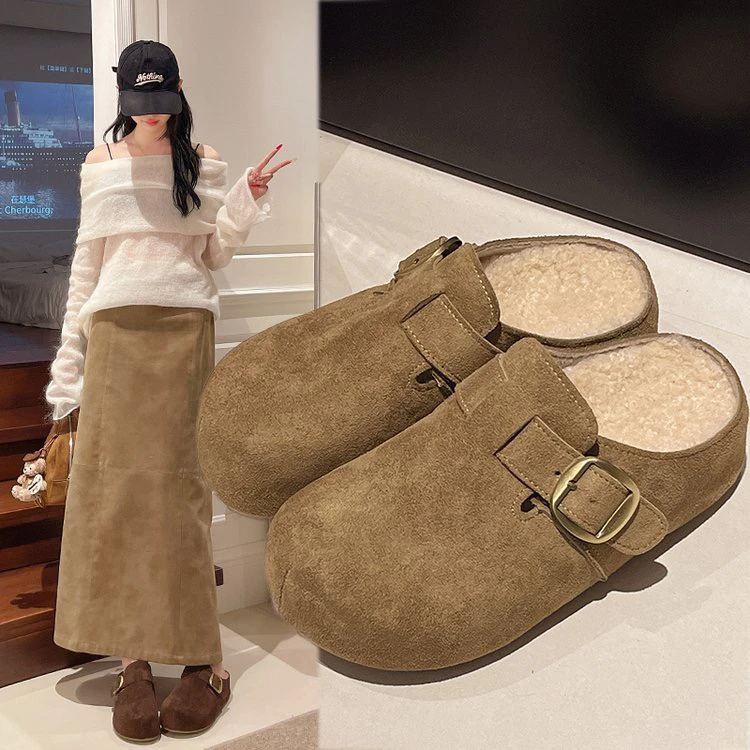 内增高加绒勃肯鞋半拖鞋女2025新款秋冬复古一脚蹬女鞋厚底包头拖