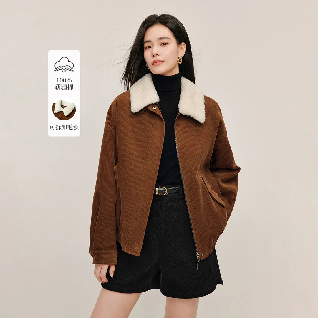 茵曼2024冬季新款女棉衣/棉服外套保暖厚纯棉毛领休闲长袖爆款