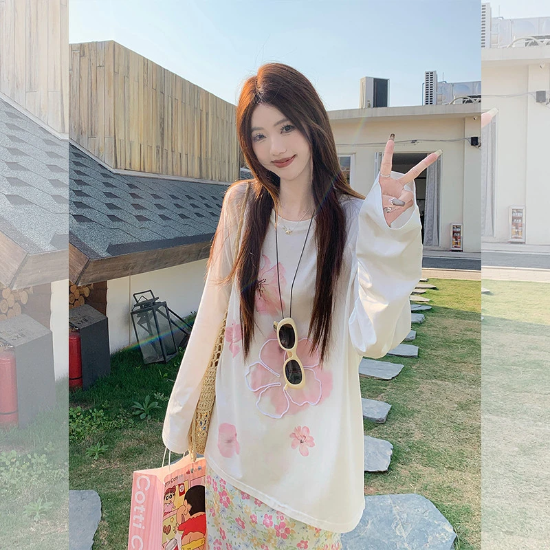 日系清新甜美印花圆领长袖防晒t恤女夏季慵懒风中长款空调衫上衣