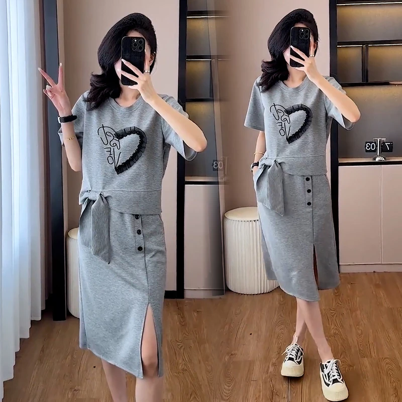 高含棉时尚减龄套装女2025年夏季新款洋气印花短袖半身裙两件套潮