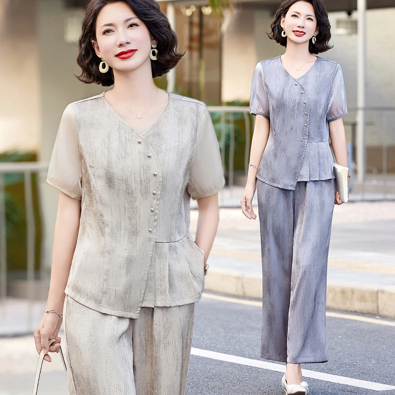 妈妈装夏季洋派套装2025新款五十多岁中老年女士高贵短袖气质小衫