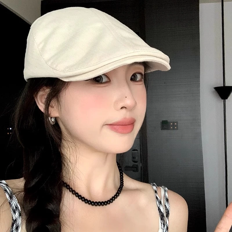 日系复古纯色简约前进帽子女春秋休闲百搭显脸小画家帽情侣贝雷帽