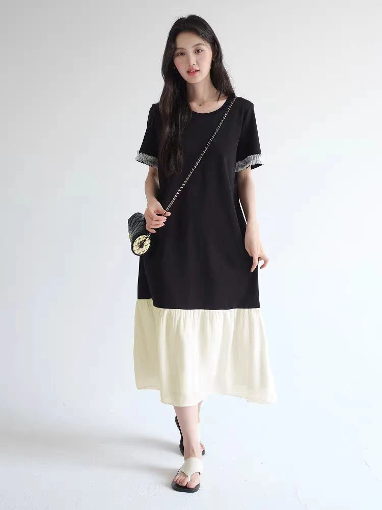 300斤大码女装撞色拼接鱼尾连衣裙2025夏装新款胖MM宽松法式长裙