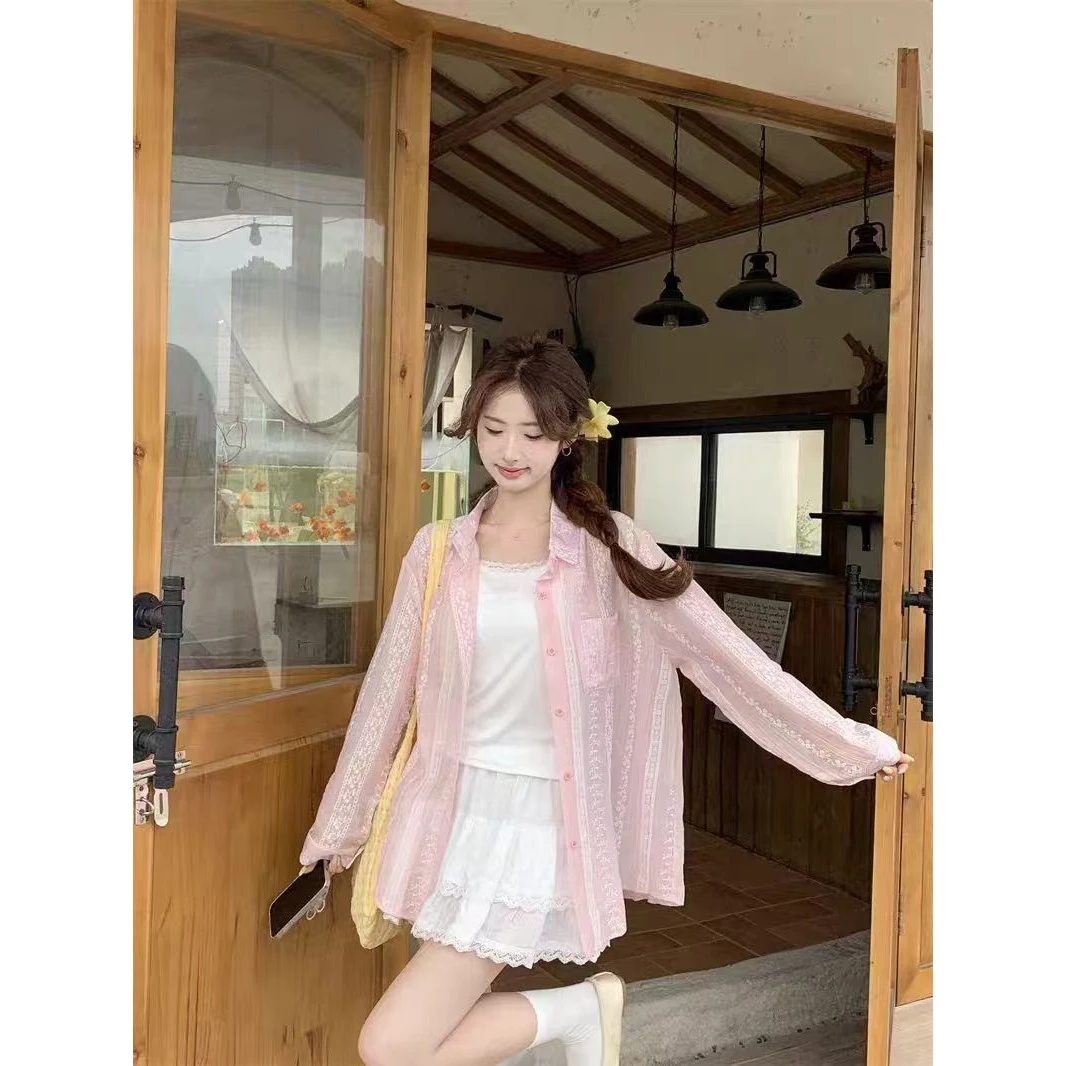 新款2025现货薄款防晒衬衫女夏季新款女装百搭蕾丝钩花长袖外搭款