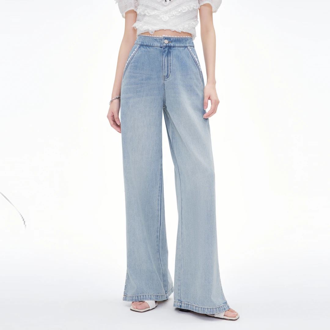 MISS COCOON可可尼高腰开叉花边牛仔裤2025夏季新款烫钻显瘦裤子