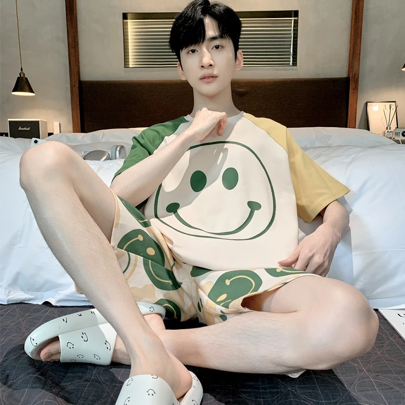 夏季青年睡衣夏天男初中套装短袖短裤男士薄款宽松可外穿家居服