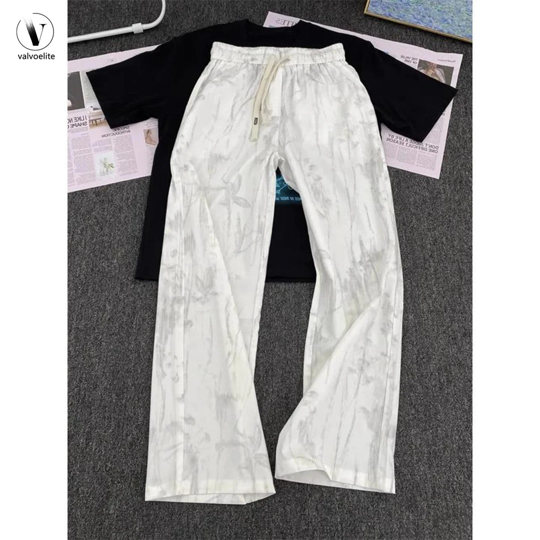 VALVOELITE水墨扎染裤子男夏款速干抽绳休闲裤直筒宽松美式阔腿裤
