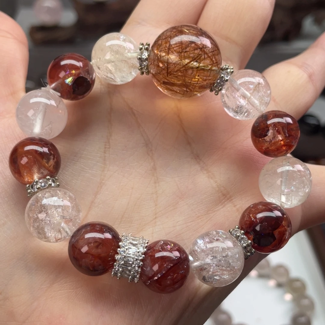 水晶银S925镶嵌珠宝半成品水晶手串牛血红孤品