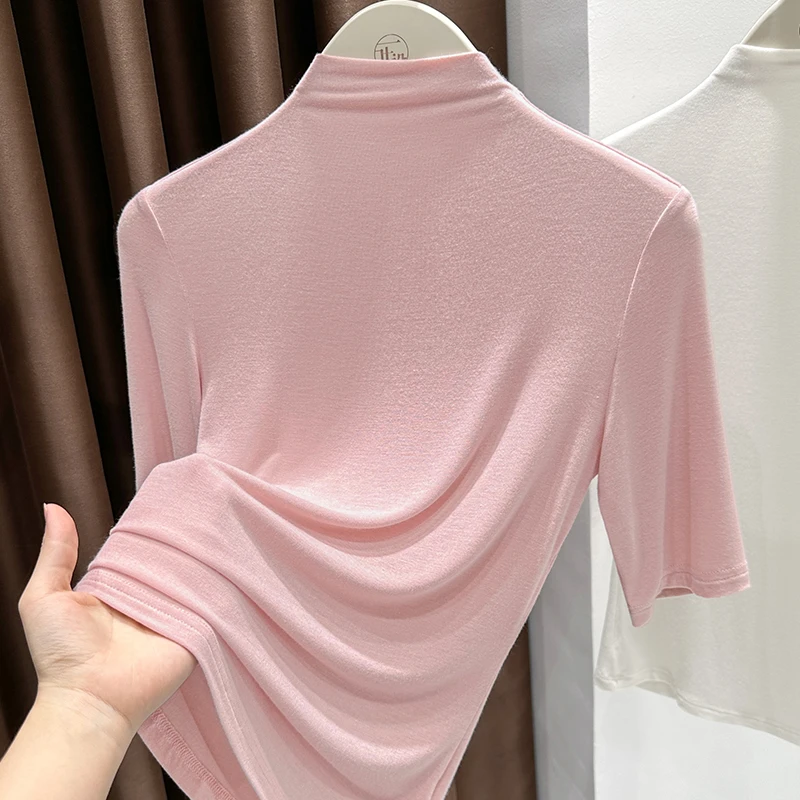 韩系ins风半高领五分袖内搭上衣2025秋季新款气质显白纯色针织衫