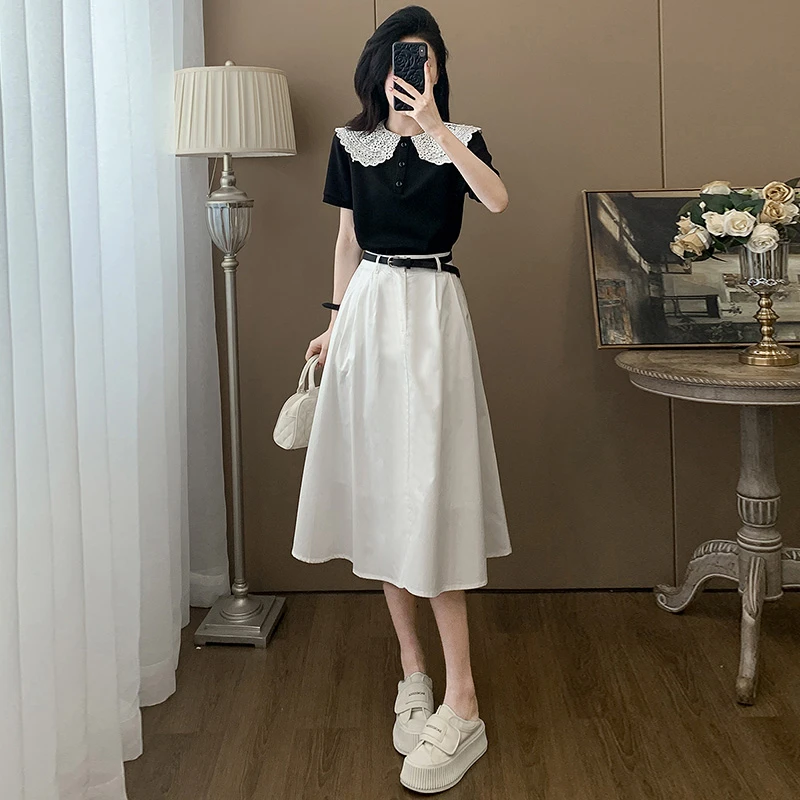 今年流行漂亮休闲时尚套装裙女夏季蕾丝娃娃领短袖上衣白色半身裙