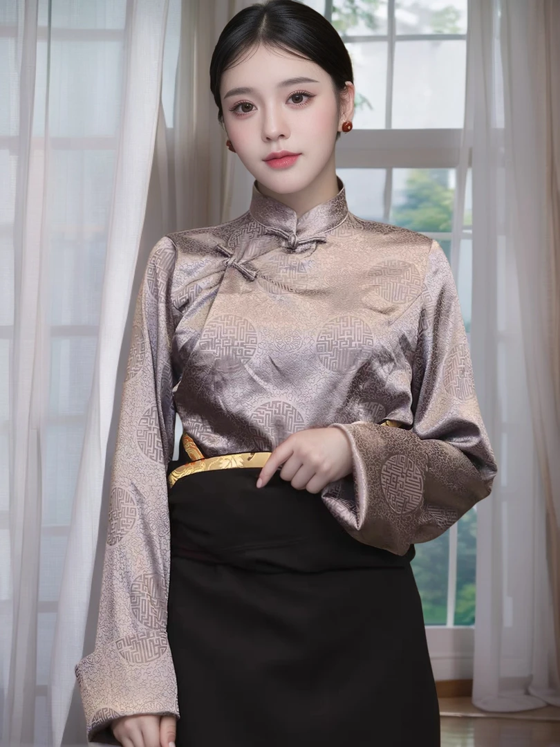 民族风长袖内搭盘扣衬衫早新中式气质藏装藏族服装女款藏族服装