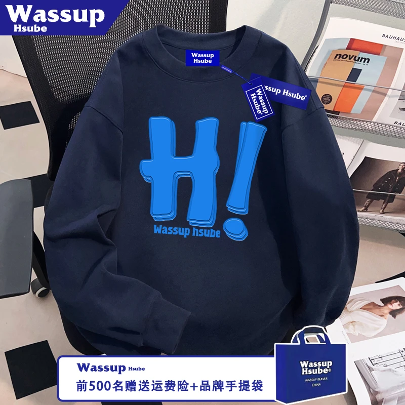 WASSUP HSUBE字母印花T恤ins秋冬季藏青色上衣100%纯棉男女款长袖