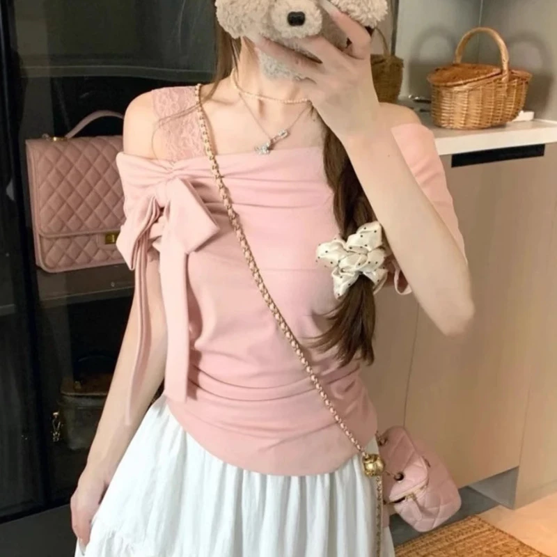 遮肚一字肩短袖露肩上衣设计感显瘦女生韩系ins短款衣服斜肩露肩