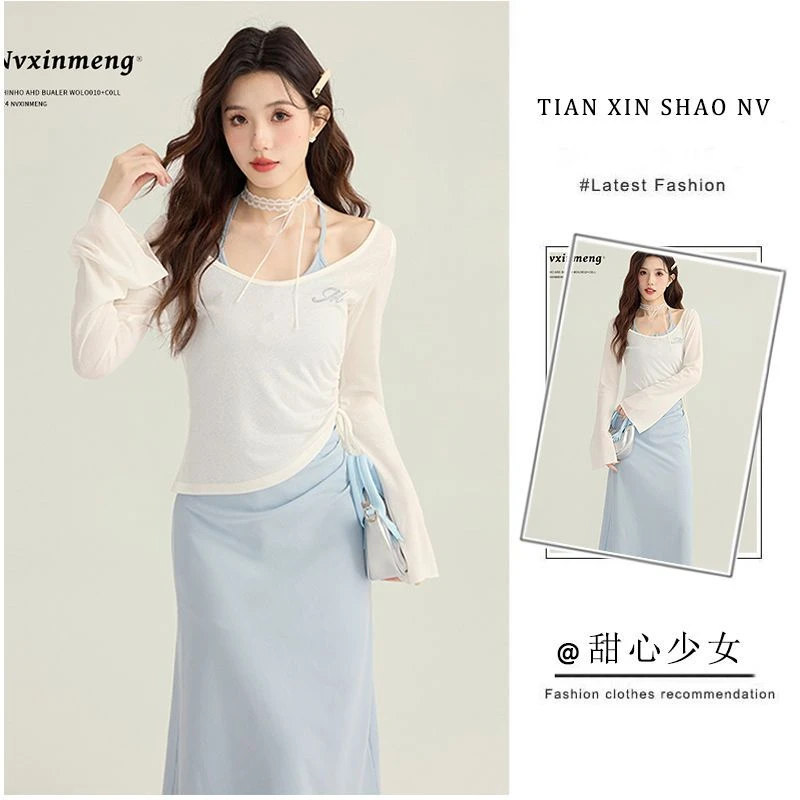 老钱风松弛感女装贵气K挂脖吊带背心连衣裙女2025新款女夏喇叭袖