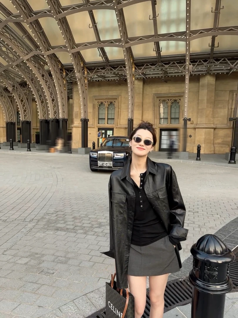 祝喜喜【永不过时】25年春款翻领皮衬衣设计感显瘦衬衫网红