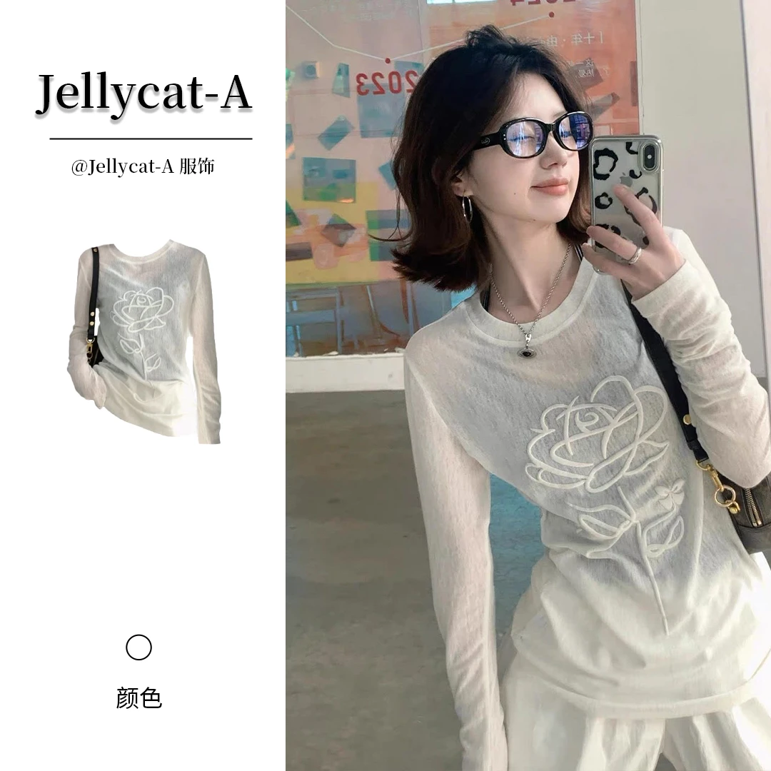 【京峋旗舰】设计感立体发泡印花微透防晒长袖T恤女春夏时尚显瘦